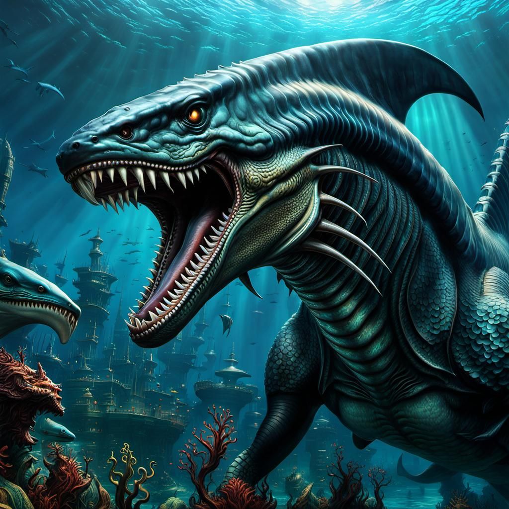 Underwater Xenomorph God in Psychedelic Art Style