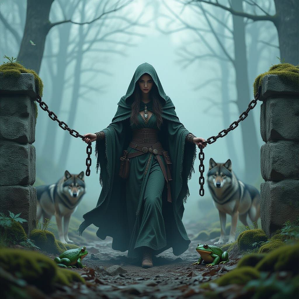 Mystical Woman Escapes Chains in Foggy Forest