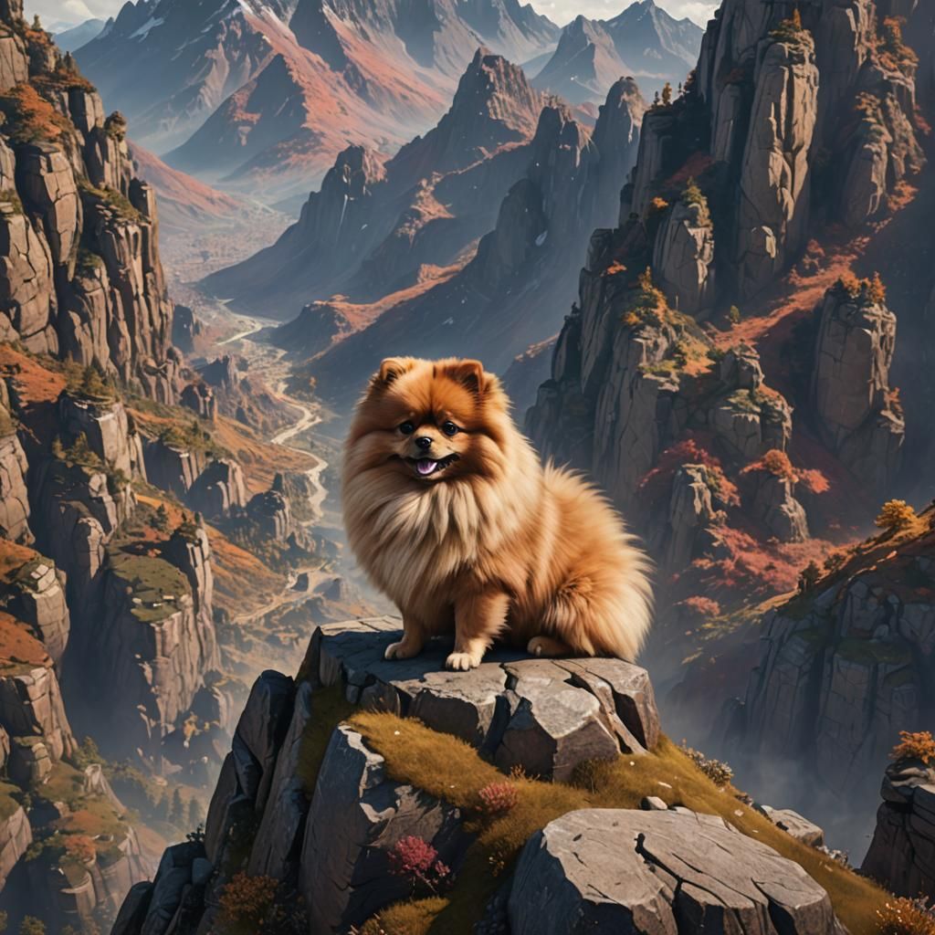 Giant Pomeranian on a Mountain, Detailed Digital Art