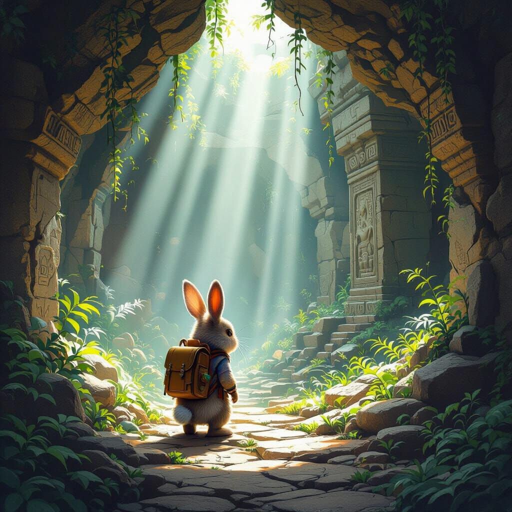 Rabbit Adventurer Explores Ancient Ruins in Concept Art Styl...