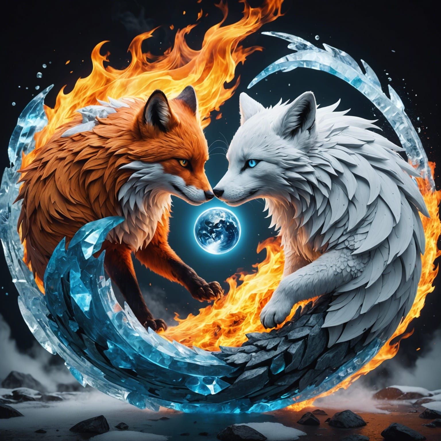 Yin Yang Fire and Ice Foxes in Ultra Stylized Render