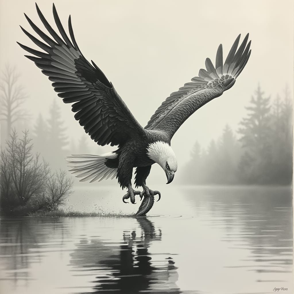 Eagle Soars Over Calm Waters in Charcoal and Pencil
