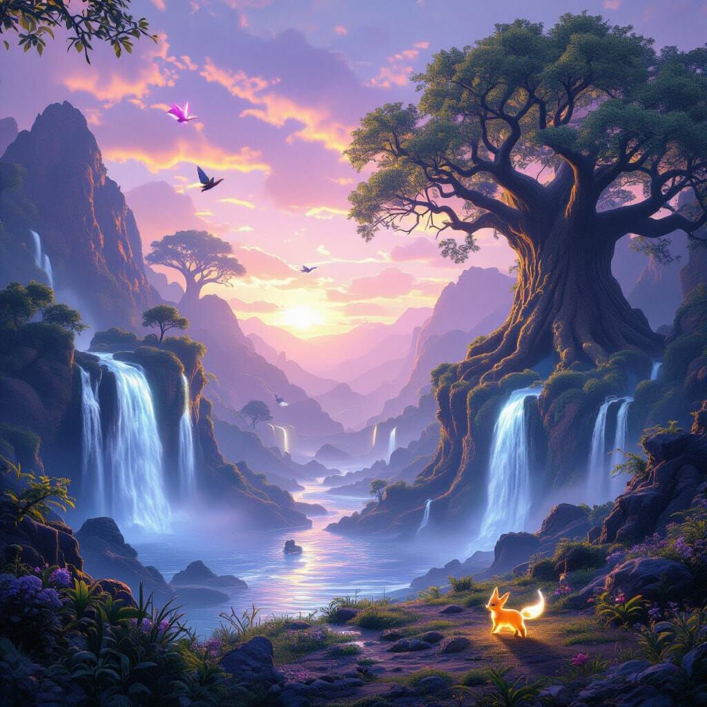 Magical Valley with Glowing Waterfalls at Sunrise