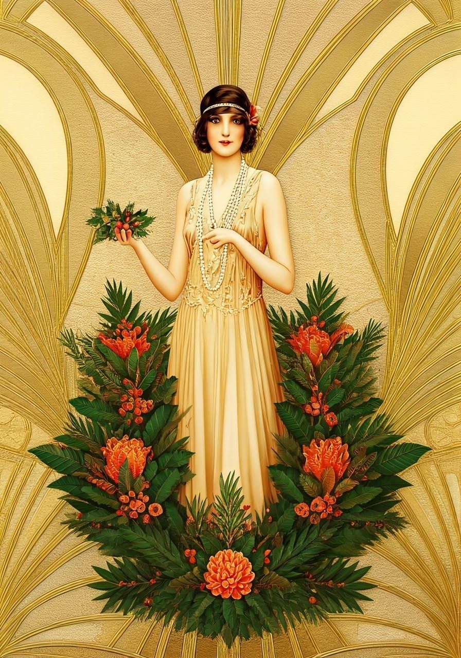 Art Deco Flapper Girl in Luxurious Gold and Cream Setting wi...