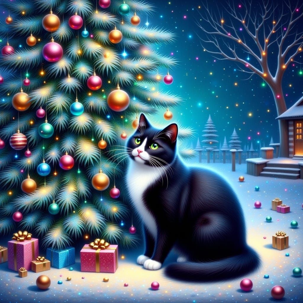 Sleek Tuxedo Cat in Front of Majestic Christmas Tree