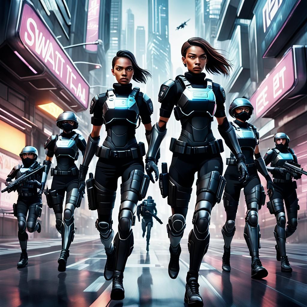 Animated Female SWAT Team Chasing Criminal in Future City