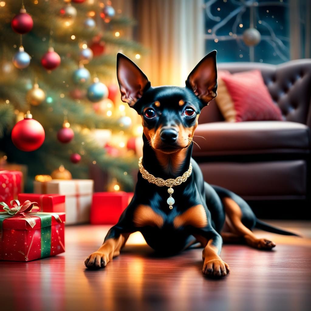 Min Pin Dog's Christmas Tree Fantasy in Luminist Style
