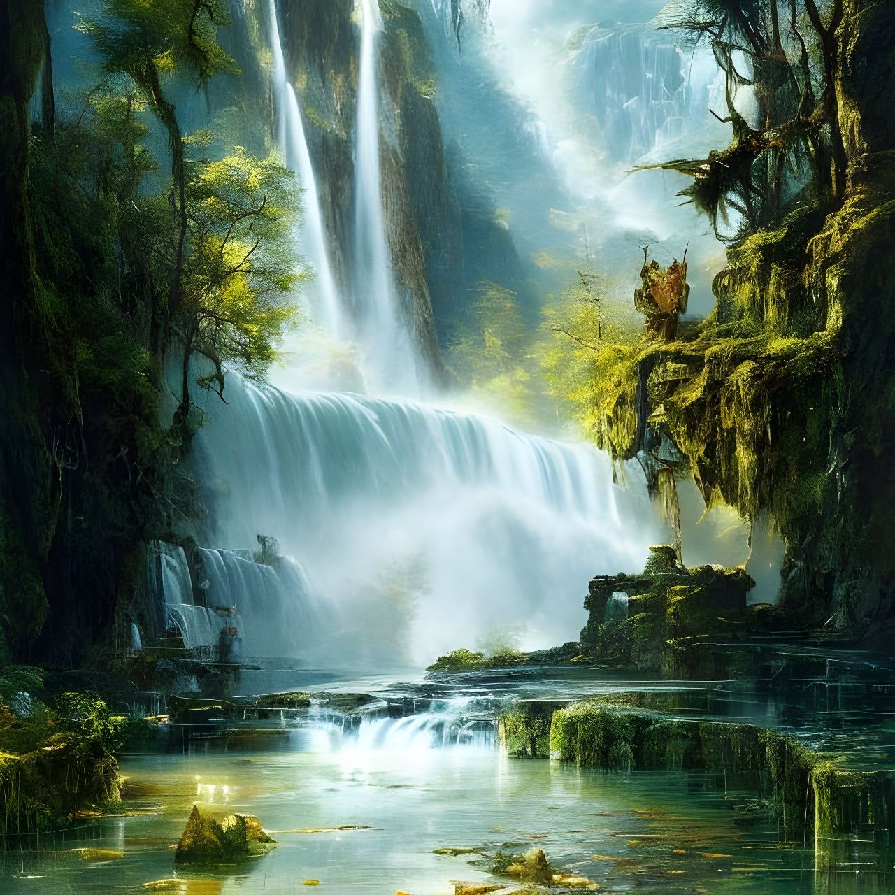 Epic Waterfall Landscape with Reflected Light