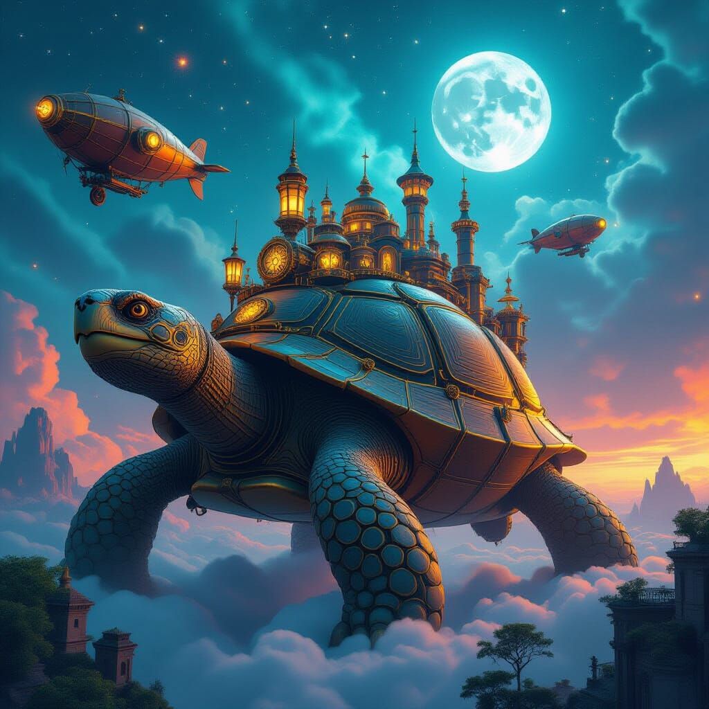 Steampunk City on Giant Tortoises Soaring Through Nebula Sky
