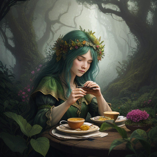 Fantasy Garden Breakfast Scene in Warm, Whimsical Lighting