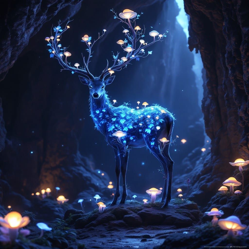 Mystical Blue Deer in Bioluminescent Cave