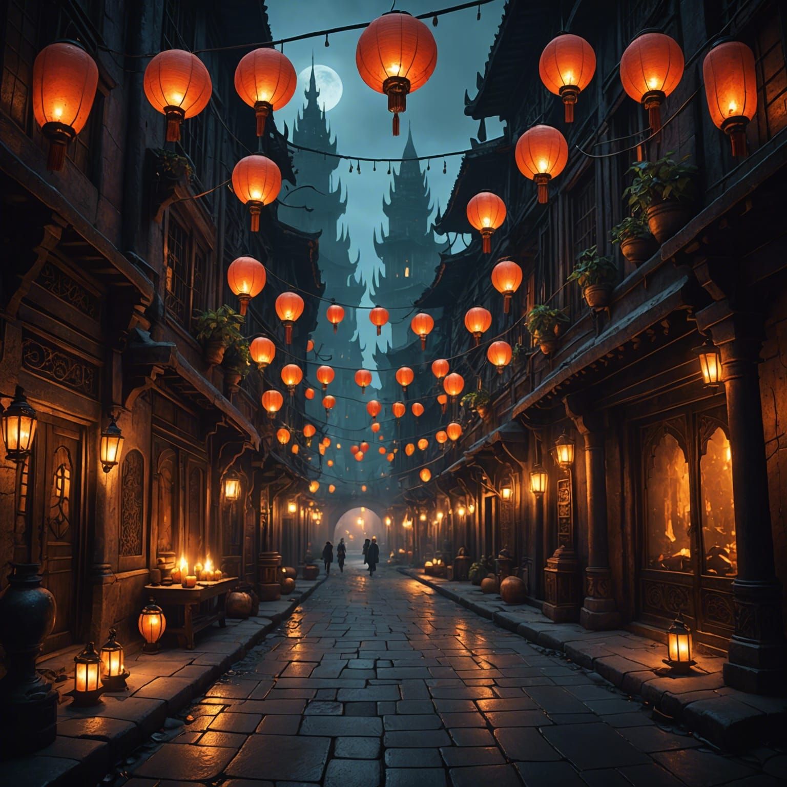 Fantastical Underworld City Lit by Lanterns