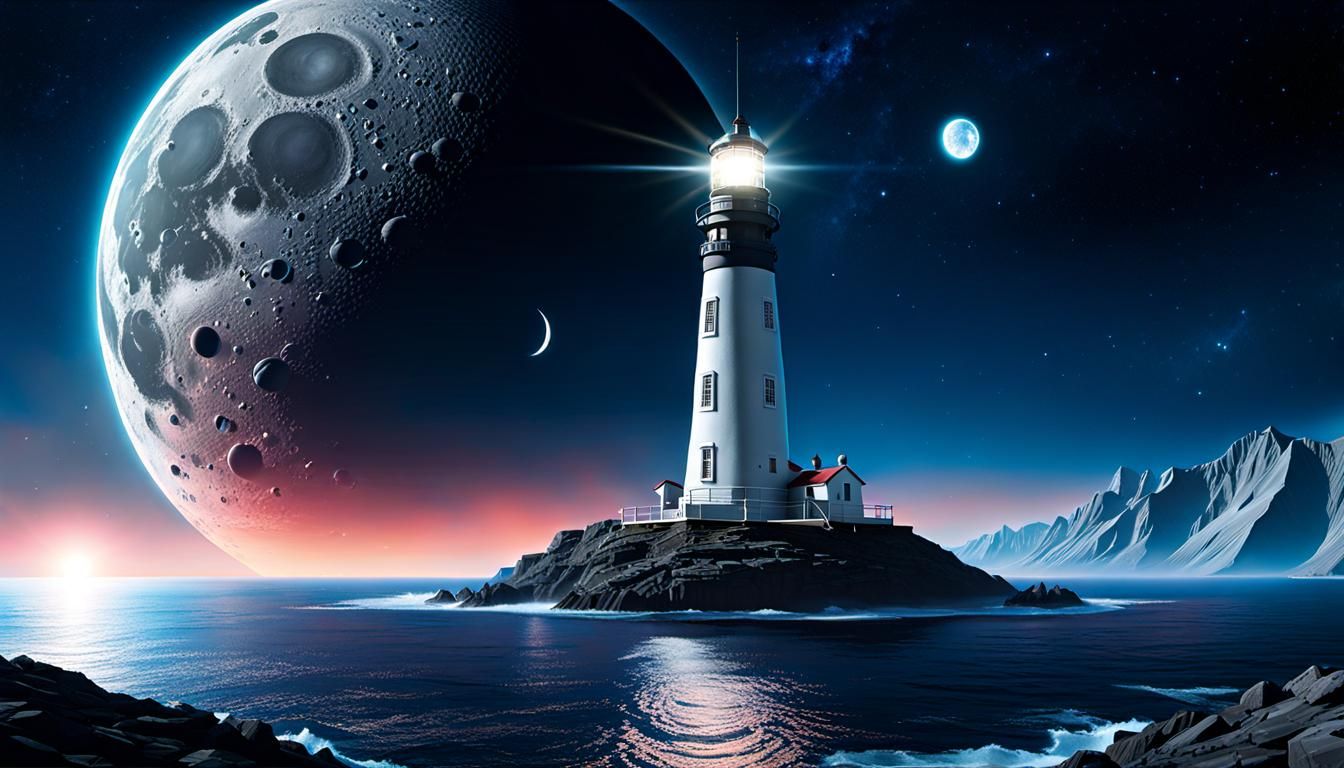 Cyberpunk Lighthouse on Moon Guiding Spaceships