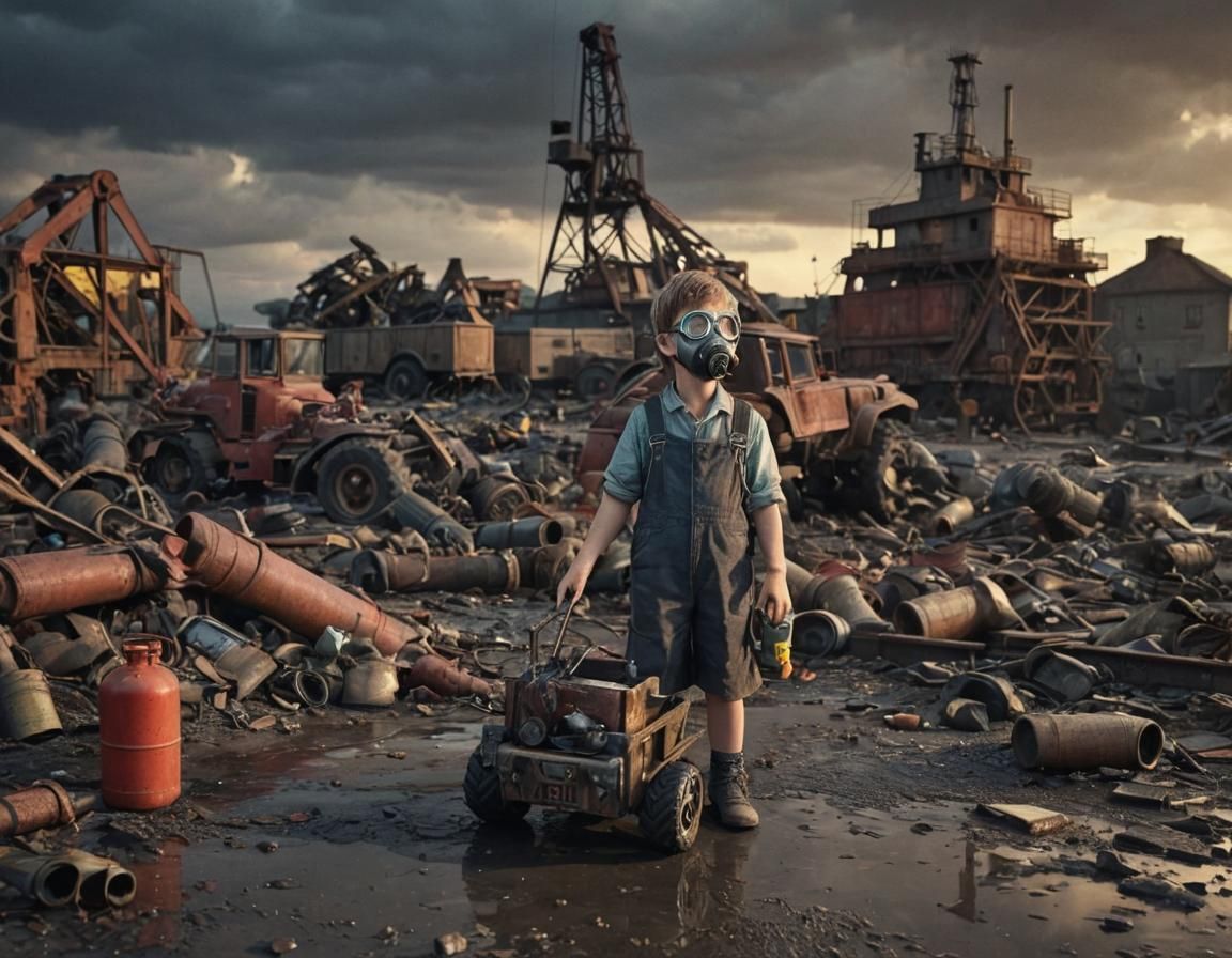 Dieselpunk Boy with Toy Car at Industrial Port