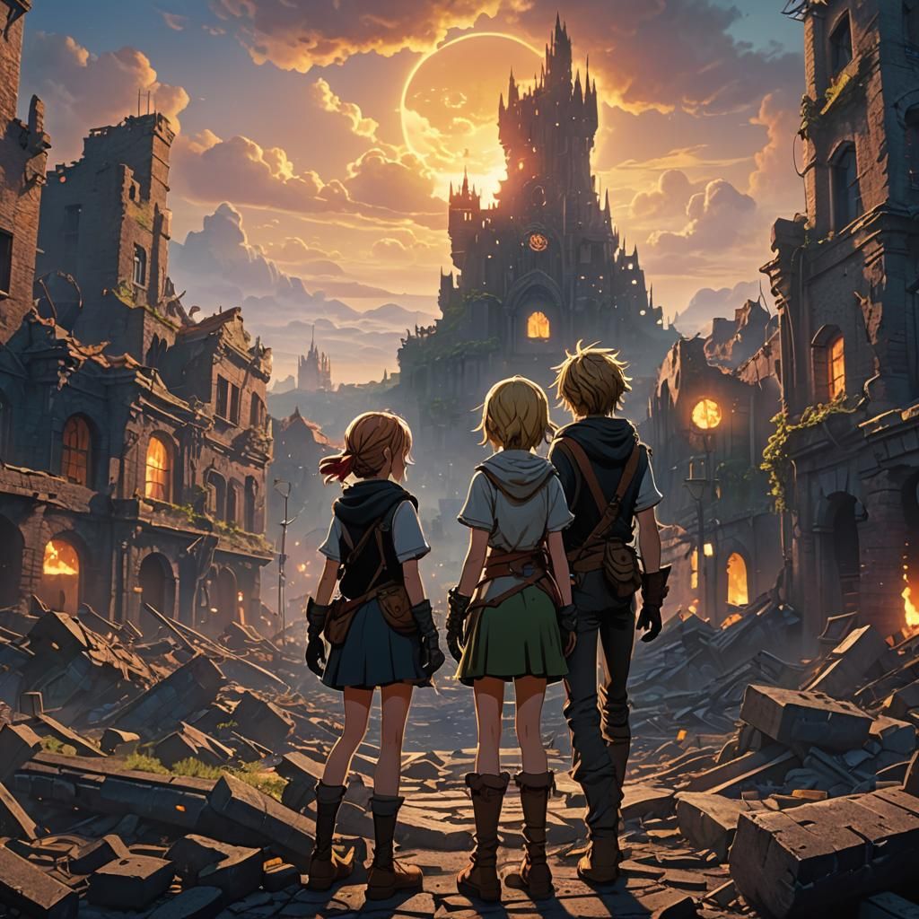 Meliodas and Elizabeth in Ruined Cityscape