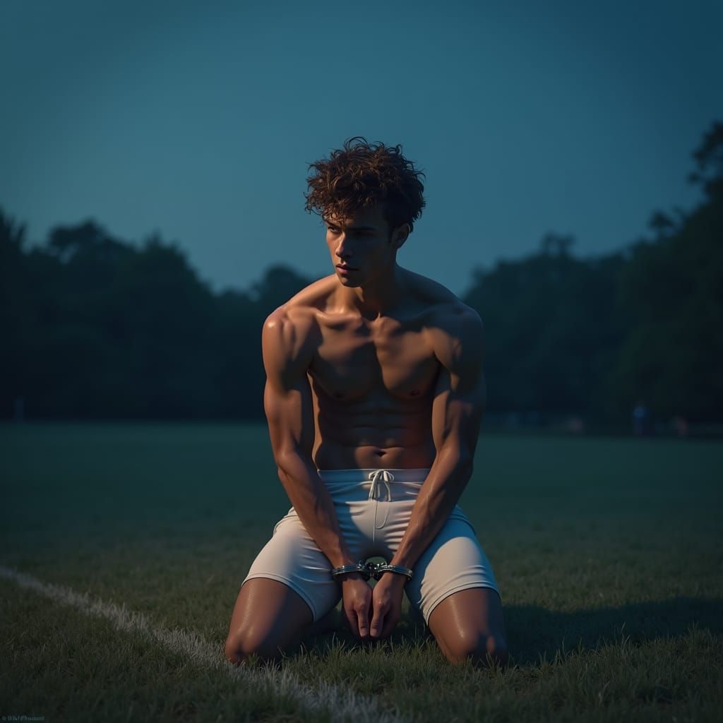 Toned Young Athlete Handcuffed on Dark Football Field