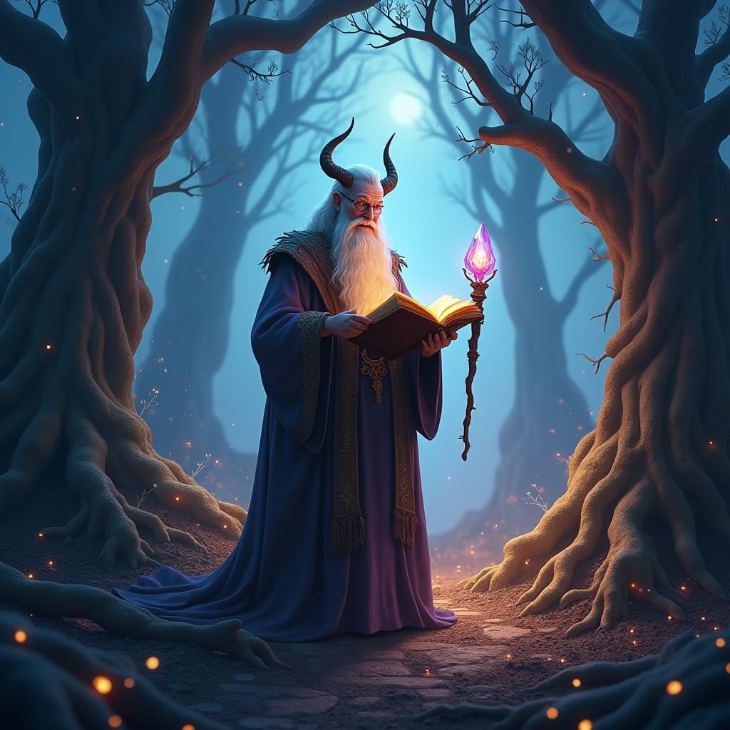 Ethereal Professor in Mystical Forest, Digital Art