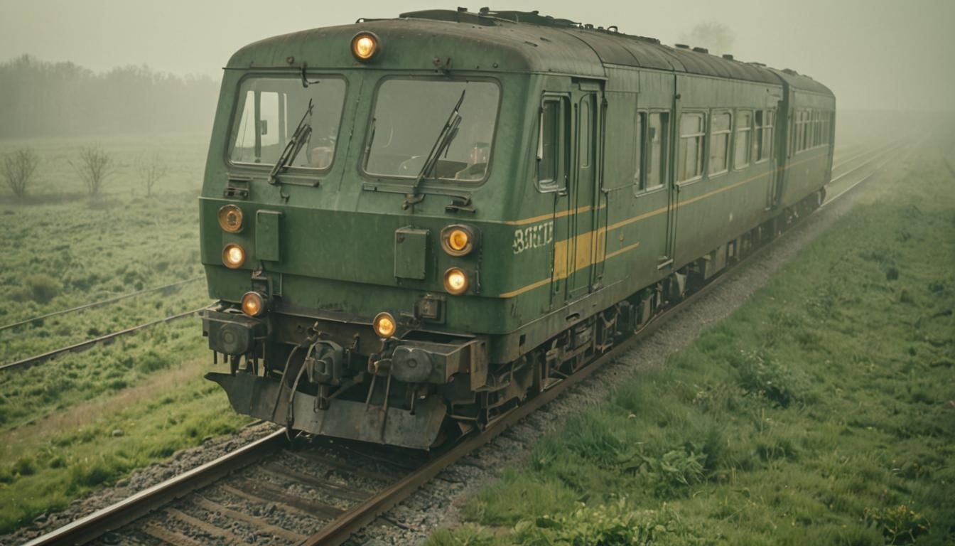 Belgian Train Speeds Through Misty Landscape