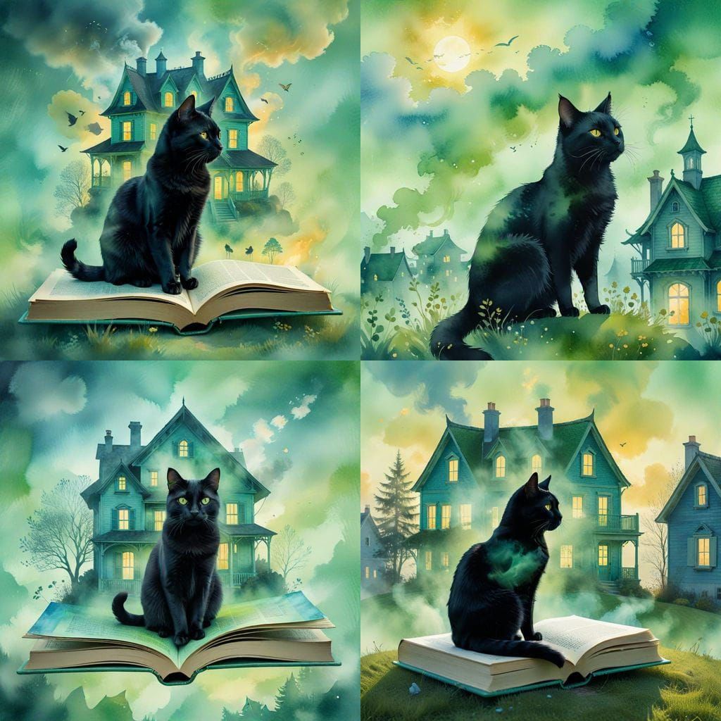 Dreamy Landscape with Black Cat Silhouette