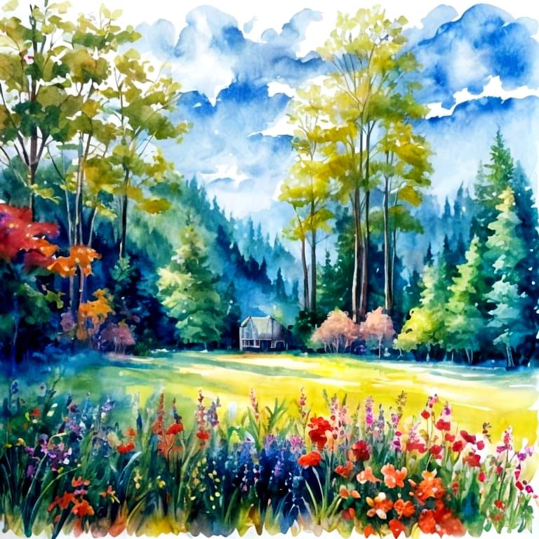 Sunroom Overlooking Serene Lake in Watercolor