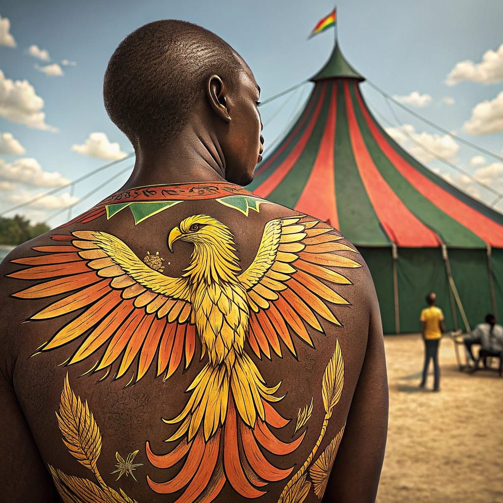African Skin Tattoo with Vibrant Circus Eagle