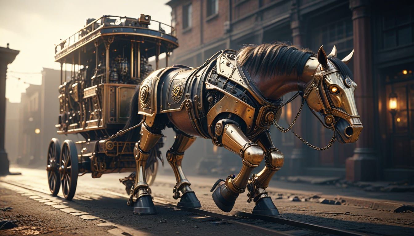 Steampunk Mechanical Horse Pulling Wagon in 8K