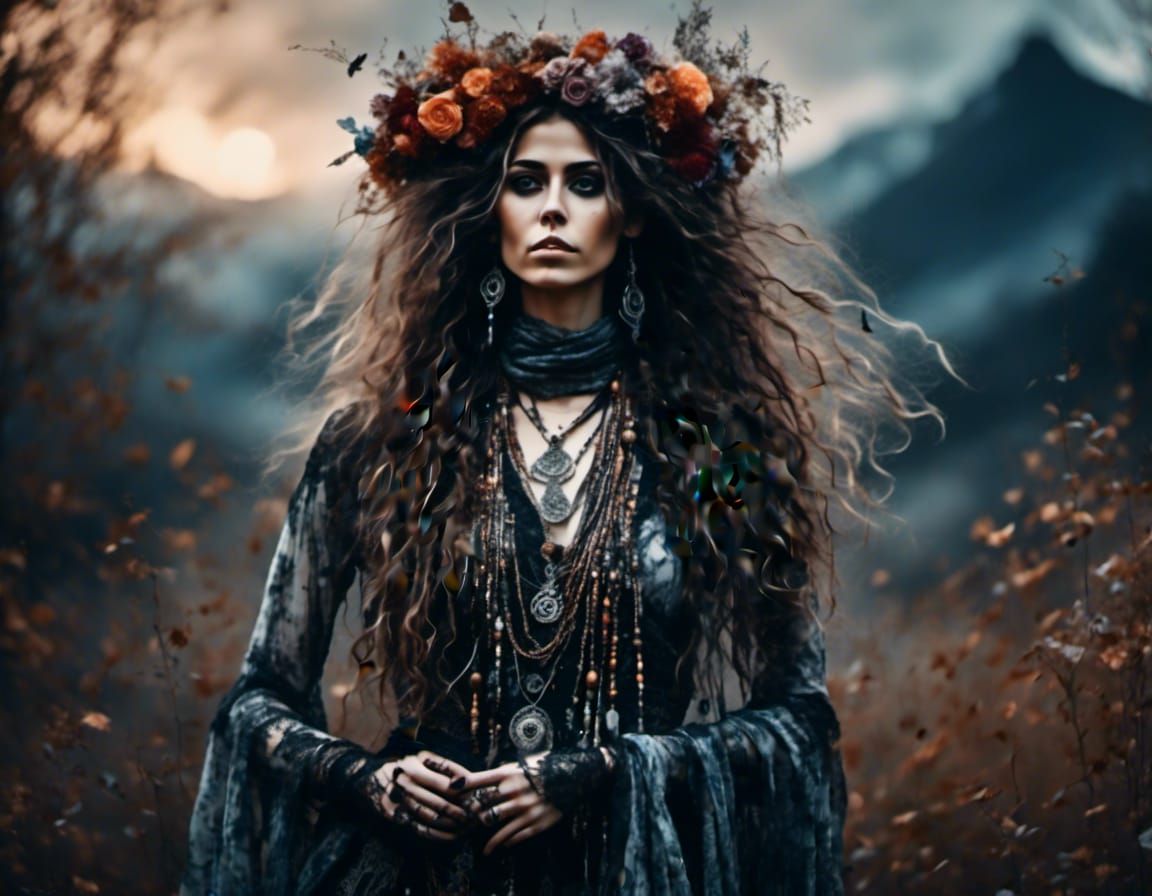 autumnal hippie goth woman