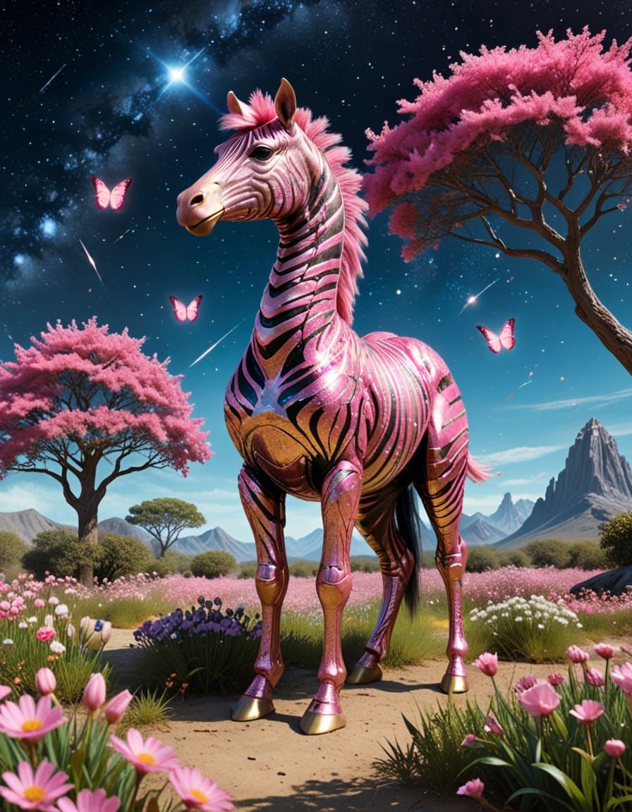Vibrant Pink Meadow with Butterflies and Zebra