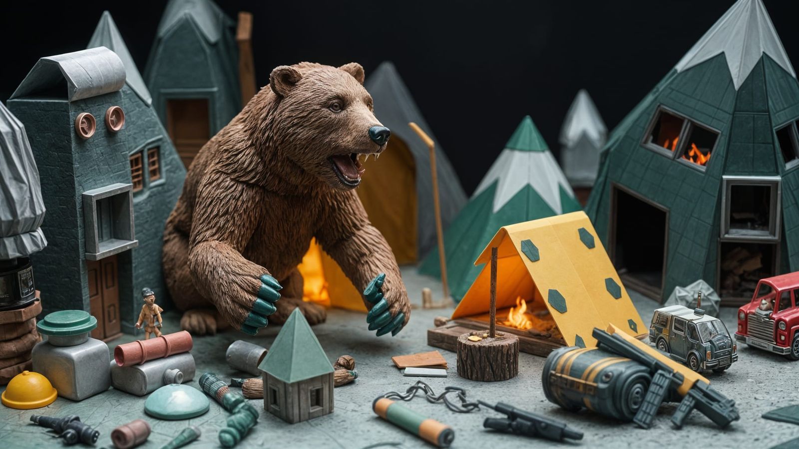 90s Bear Attack Playset in Origami Style