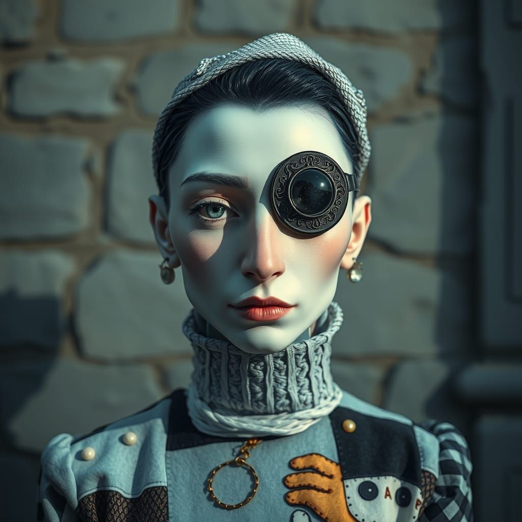 Surreal Fashion with Intricate Eye Patch in Blue Tones