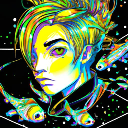 Punk Woman with Rainbow Fish in Cyberpunk Comic Art