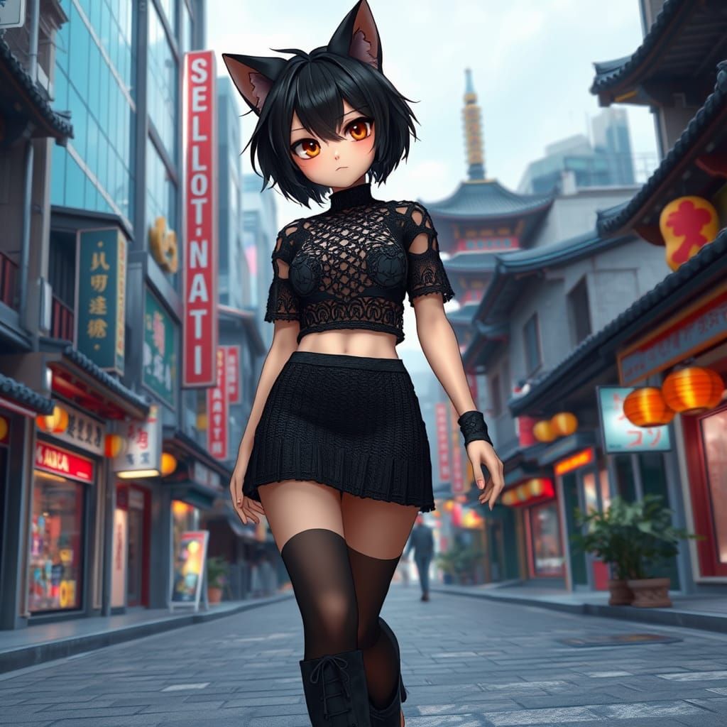 Gothic Catgirl in Seoul: 3D Anime Art