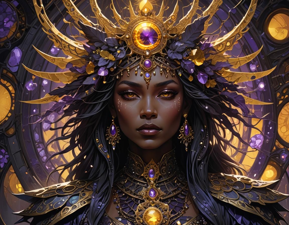 Dark Fantasy Queen with Sun Crown, Art Nouveau Style