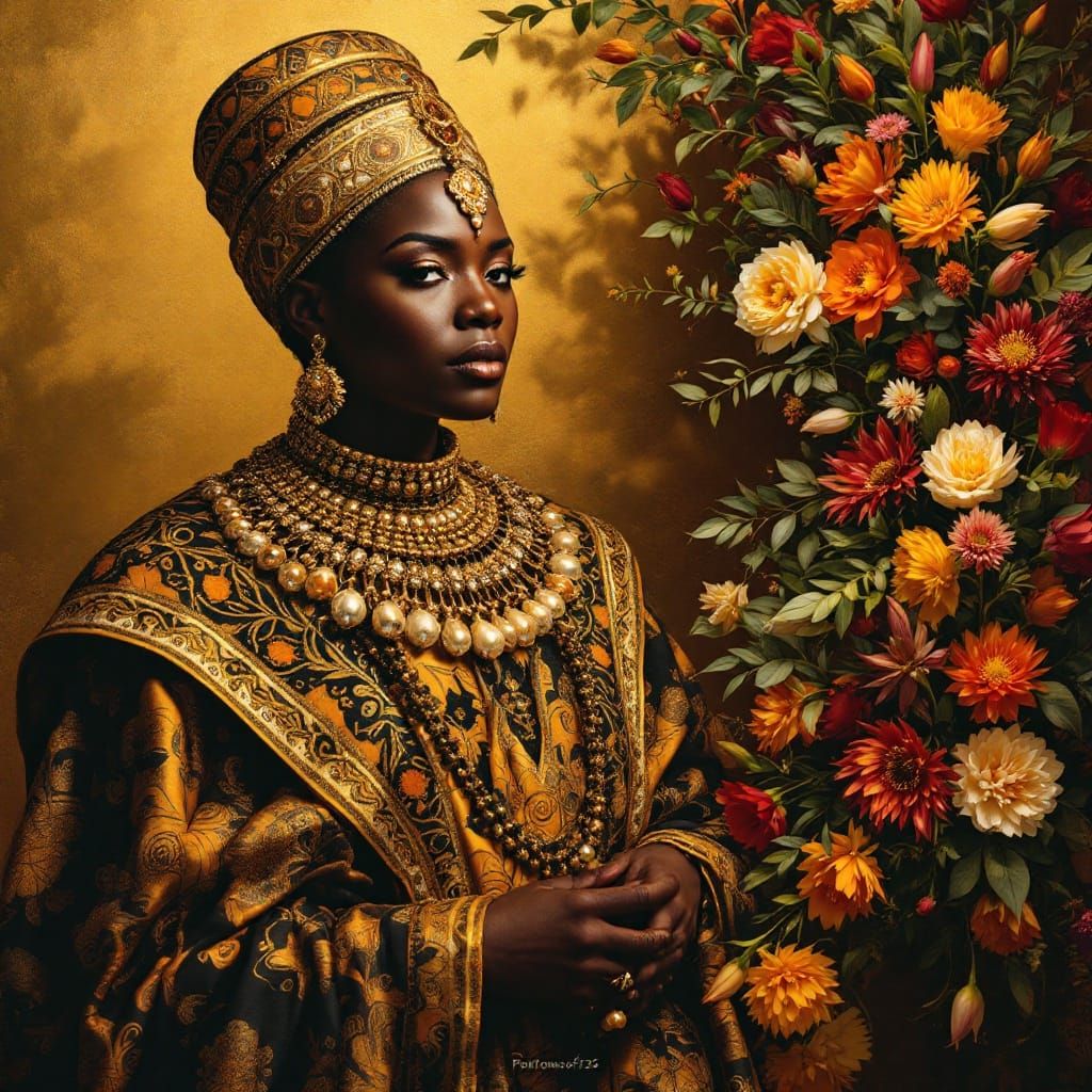 Regal Afrocentric Monarch in Vibrant, Ornate Attire, Set Aga...