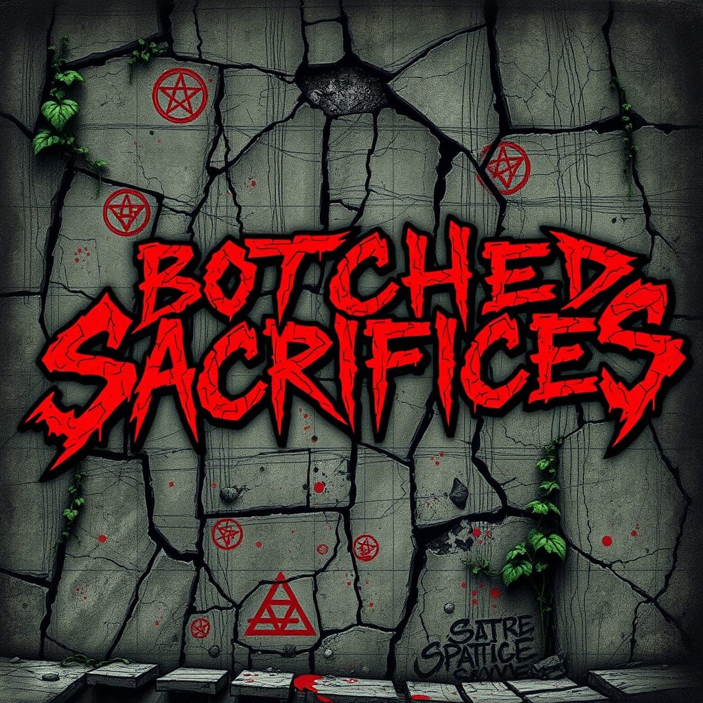 Gritty Rock Album Cover with Blood-Red Graffiti and Creeping...