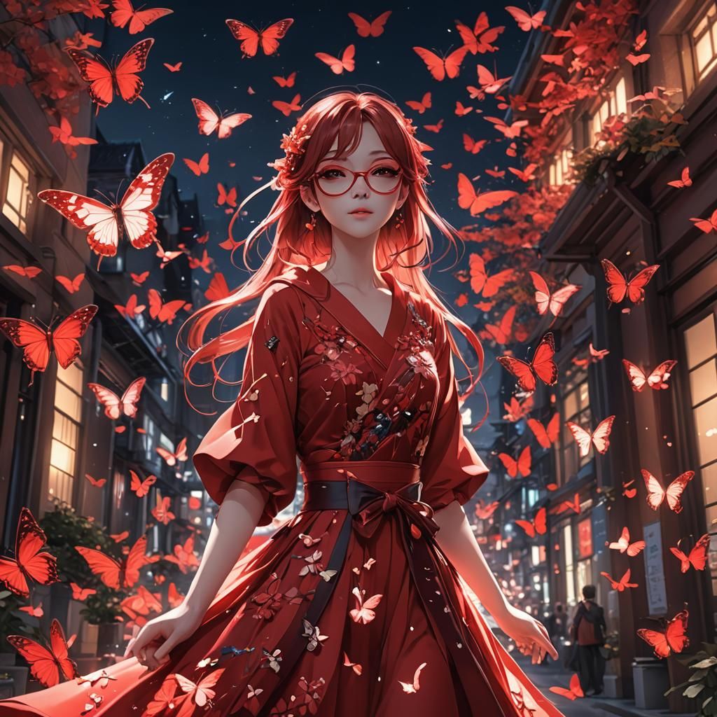 Anime Girl with Butterflies in Red Shades