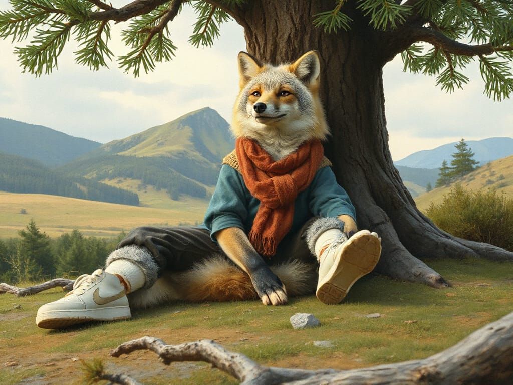 Fox Lounging Under Pine Tree, Whimsical Art