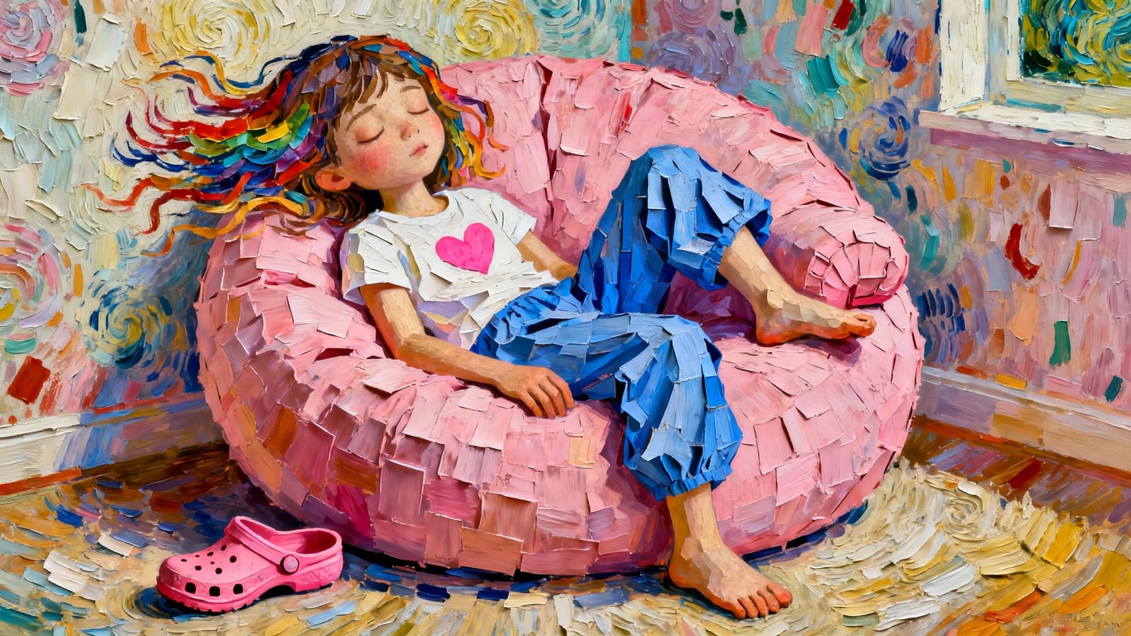 Cute Sleepy Girl Lounging in Pink Chair