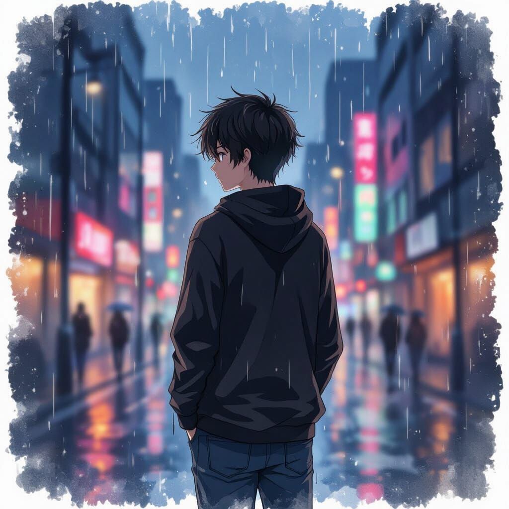 Melancholic Anime Man in Rainy Cityscape