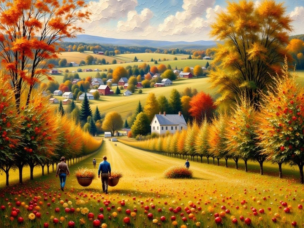 Autumn Apple Harvest in Pointillist Oil Painting Style