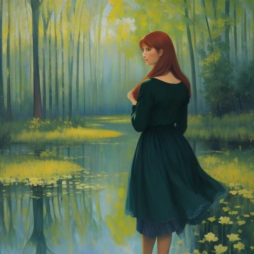 Auburn Woman in Mirror: Impressionist Oil Painting