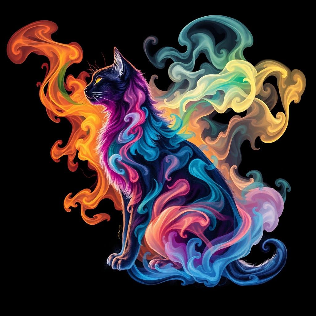 Dreamlike Cat Silhouette in Colorful Smoke