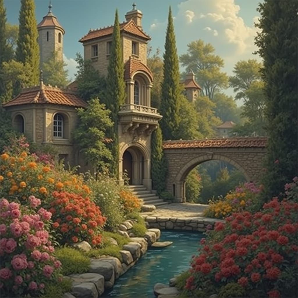 Fantastical Garden Oil Painting in Detailed Matte Style