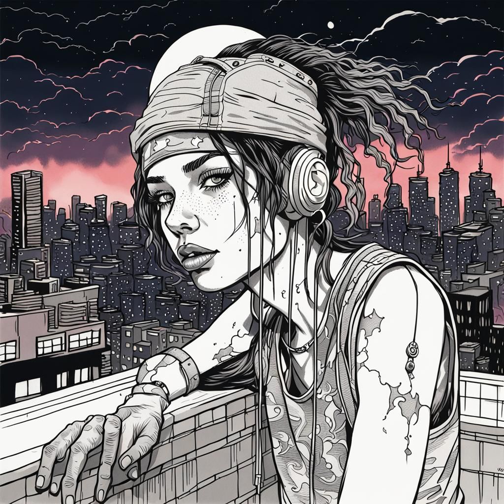 Retro Fantasy Raver Girl Under Moonlit Rooftop Pool