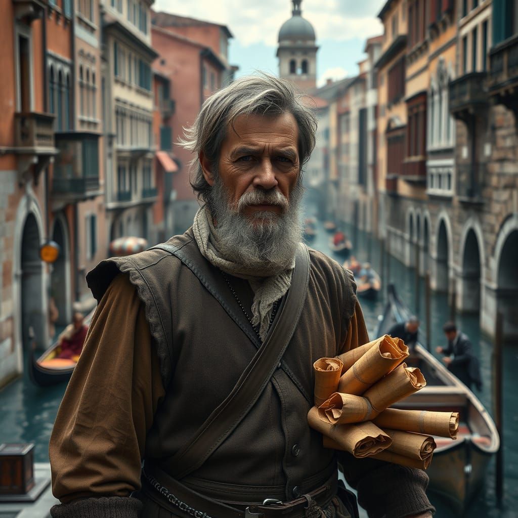 Renaissance Man Walking Beside Canal: Digital Painting