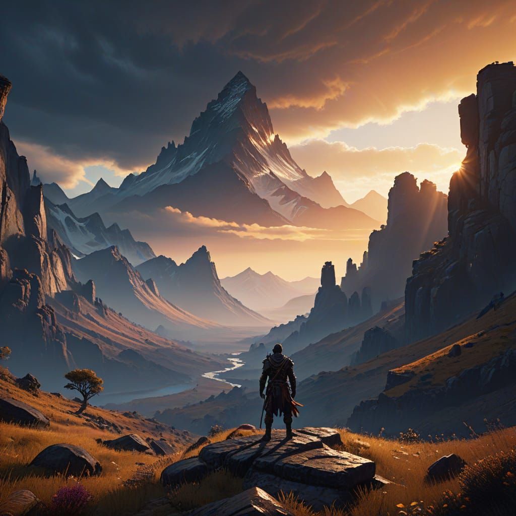 Ethereal Traveler at Sunset, Gazing Out at a Stormy Horizon