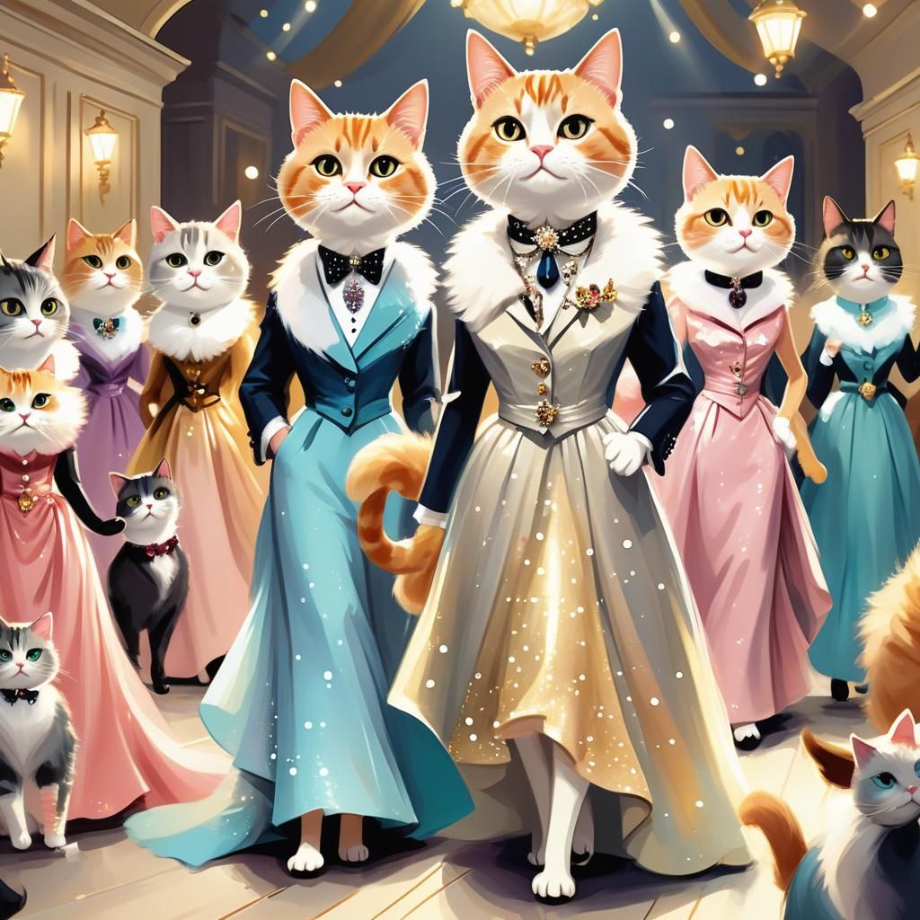 Cats on Catwalk in Cartoon Style Illustration