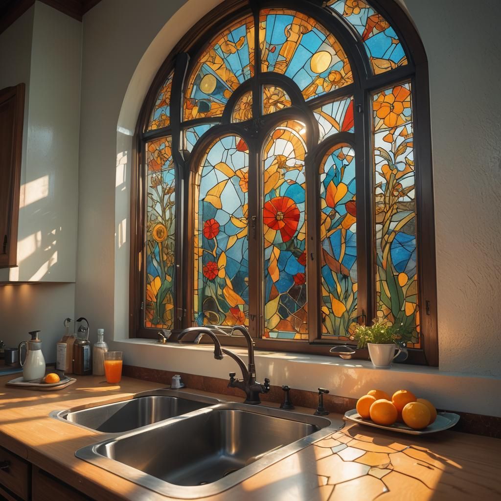 Sunlit Stained Glass Kitchen Window: Digital Matte Painting