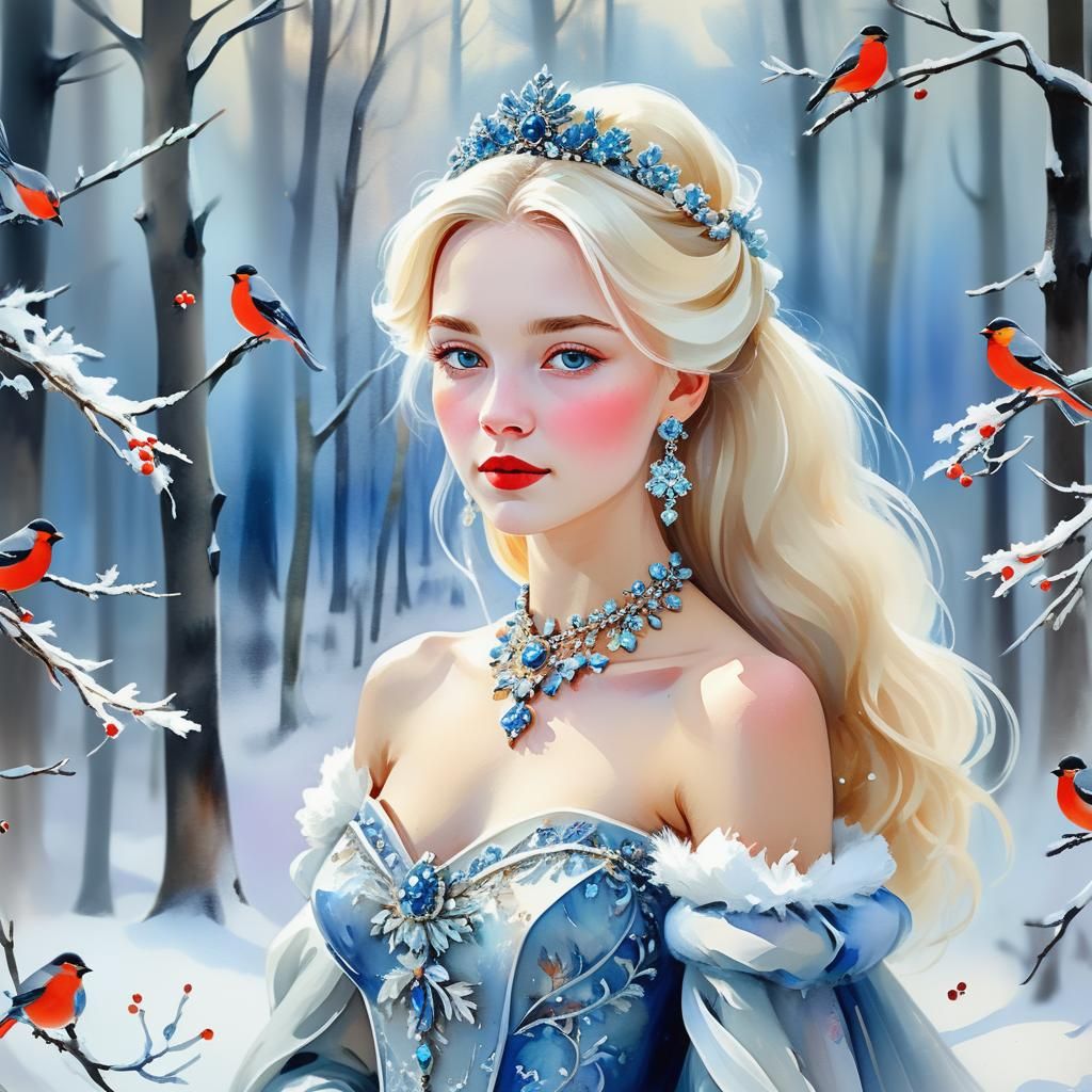 Elegant Snow Princess in Winter Forest: Fauvist Portrait