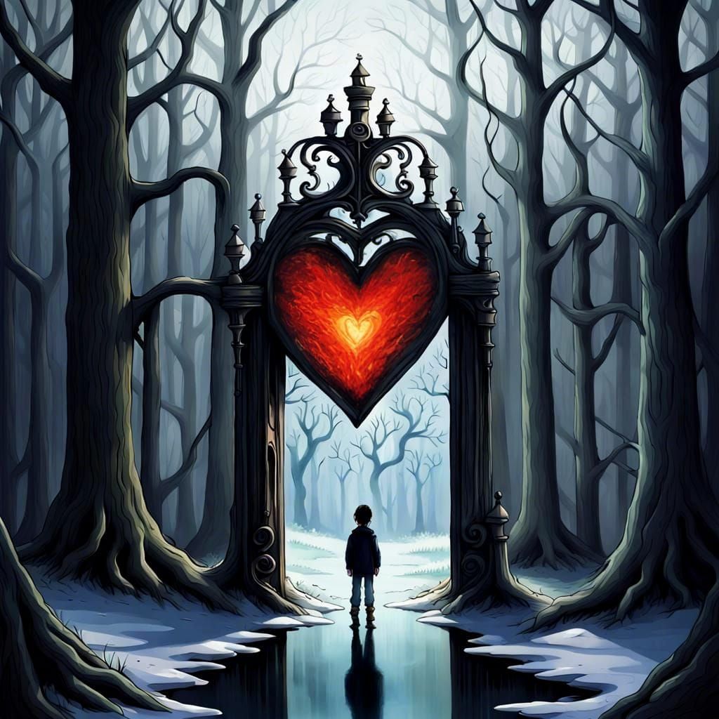 Surreal Fortress with Mirror Walls and Burning Tree